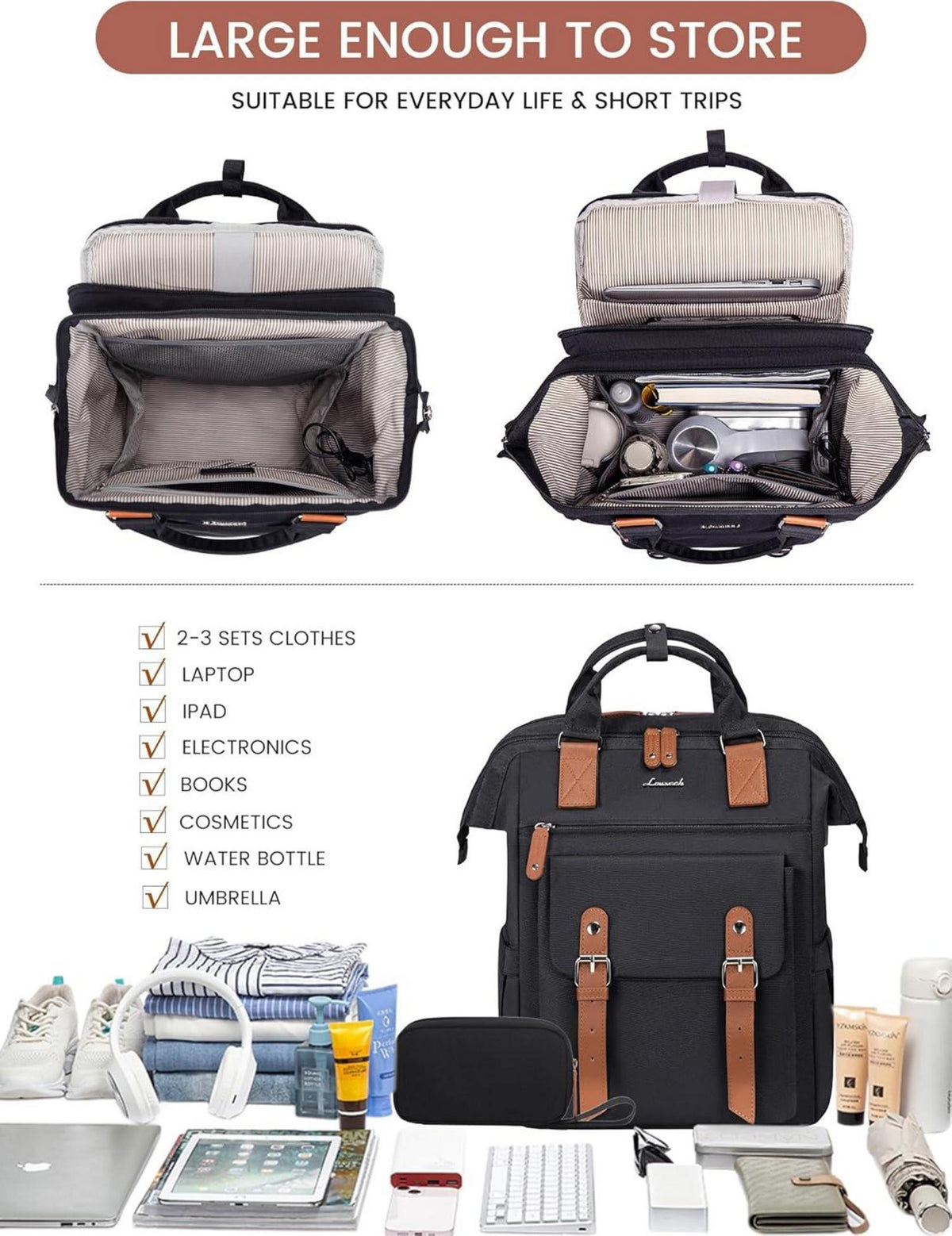 Schulrucksack Damen Laptop 15,6 Zoll Schwarz Wasserdicht mit