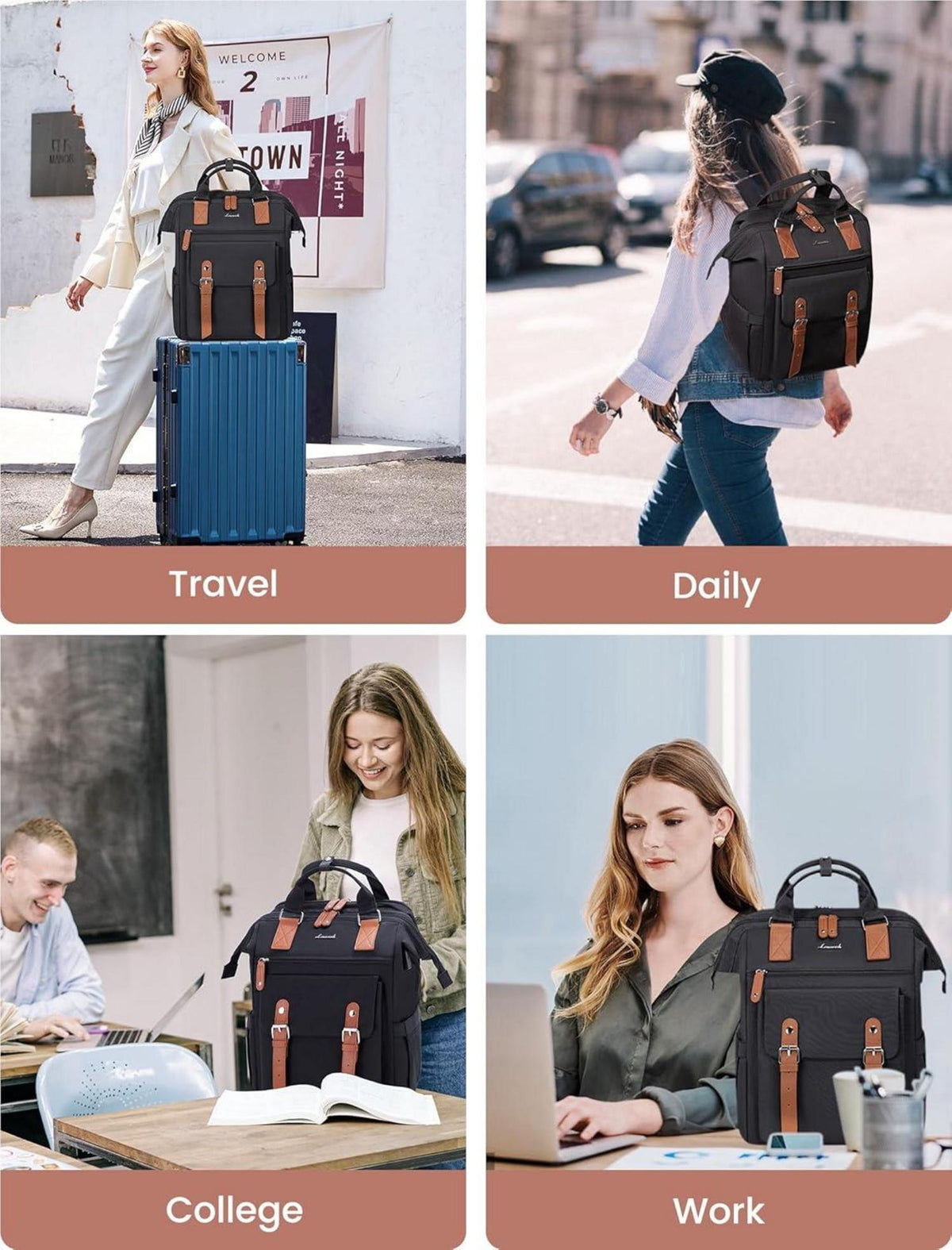 Schulrucksack Damen Laptop 15,6 Zoll Schwarz Wasserdicht Business Uni