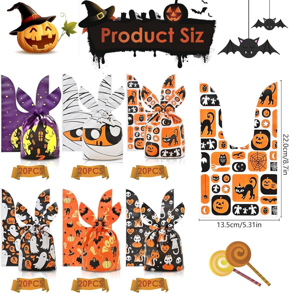 120 Halloween Süßigkeitentüten mit 6 Designs 34x58 cm