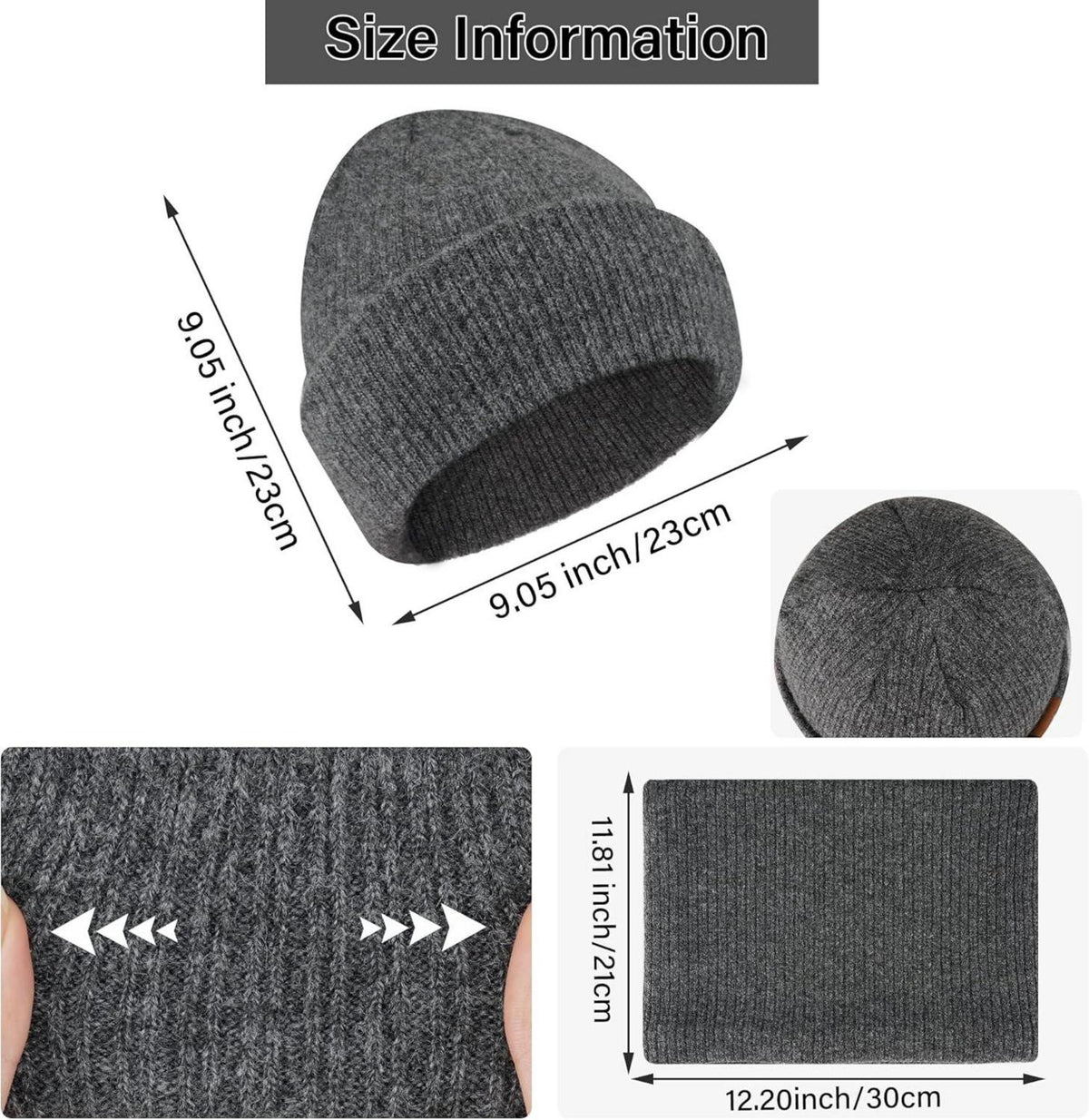 Winter Beanie Mütze und Schal Set Unisex Gestrickt 3-teilig Grau
