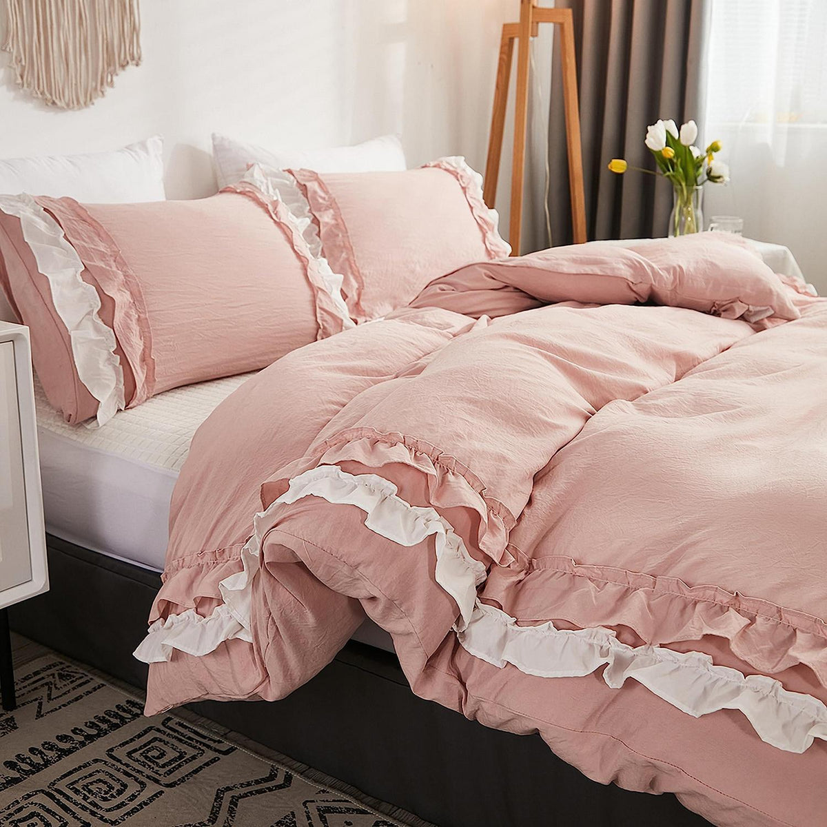 Weiches Rüschen Bettwäsche Set Rosa Weiß 155x220 + 80x80 cm