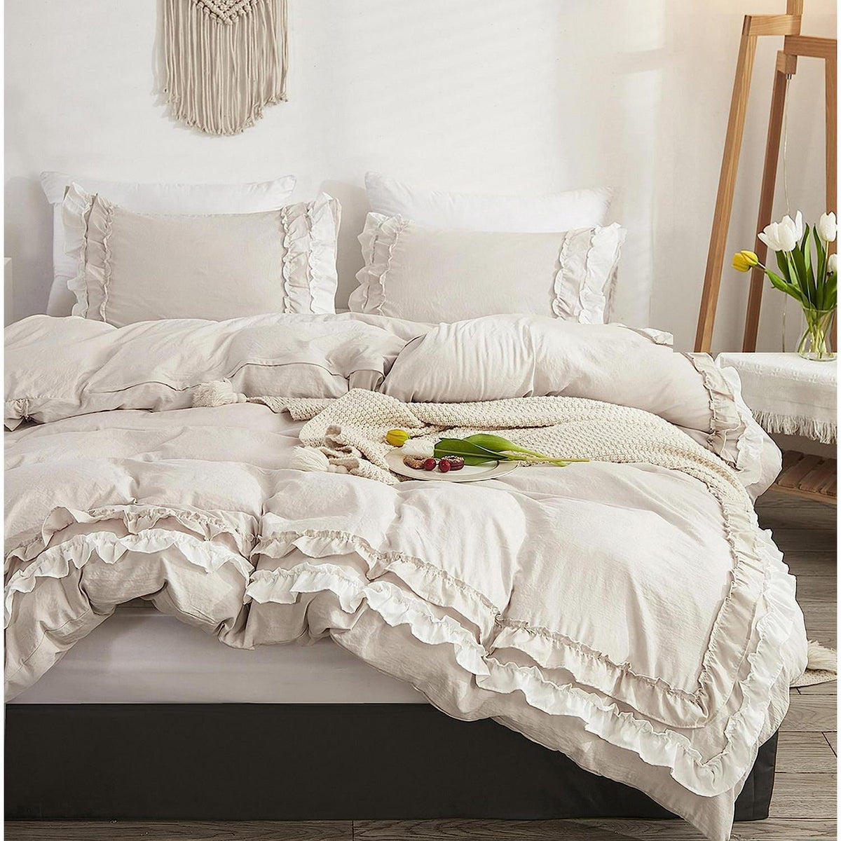 Luxus Rüschen Bettwäsche 220x240 - 3tlg. Weiß Beige Mikrofaser