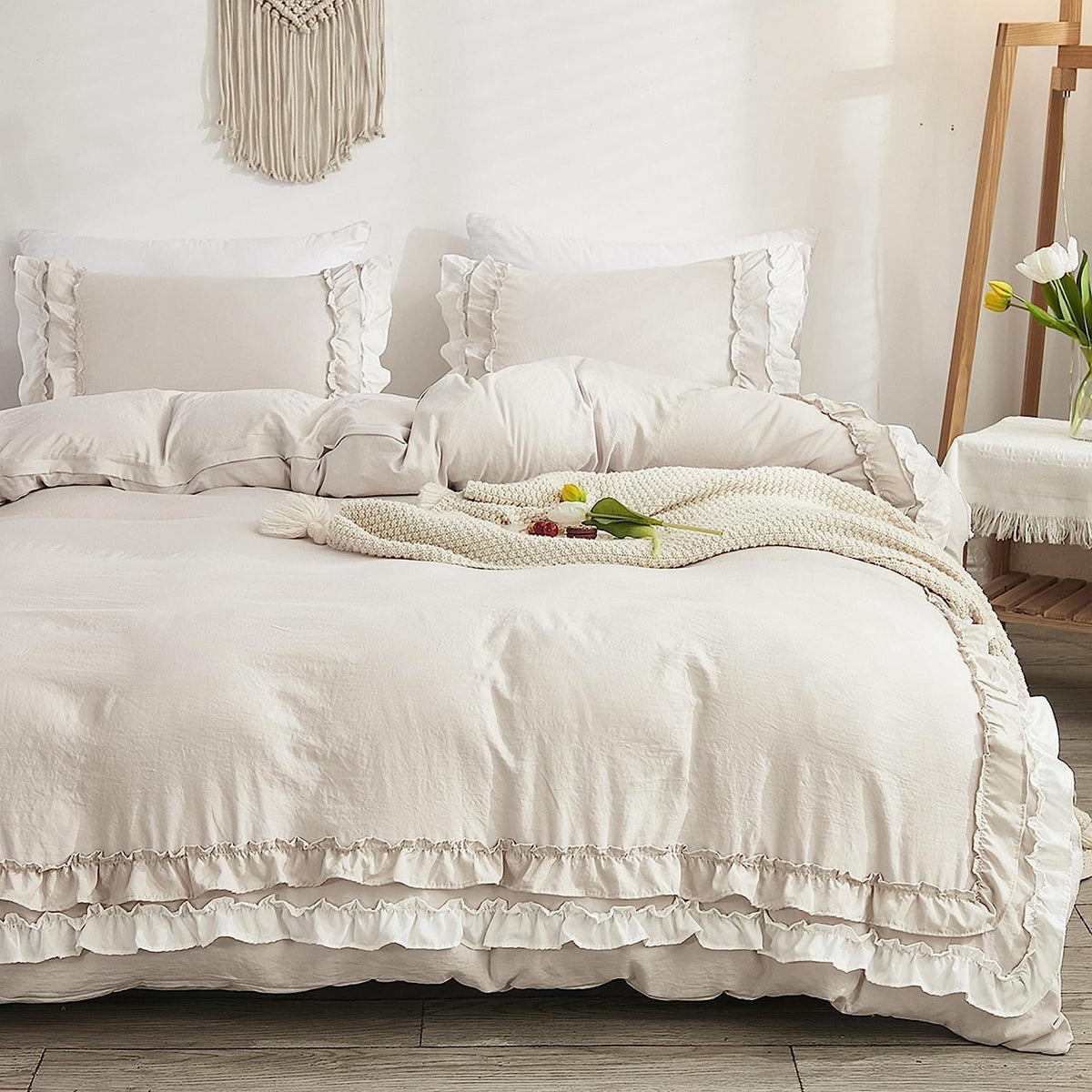 Luxus Rüschen Bettwäsche 220x240 - 3tlg. Weiß Beige Mikrofaser