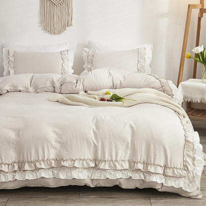 Luxus Rüschen Bettwäsche 220x240 - 3tlg. Weiß Beige Mikrofaser
