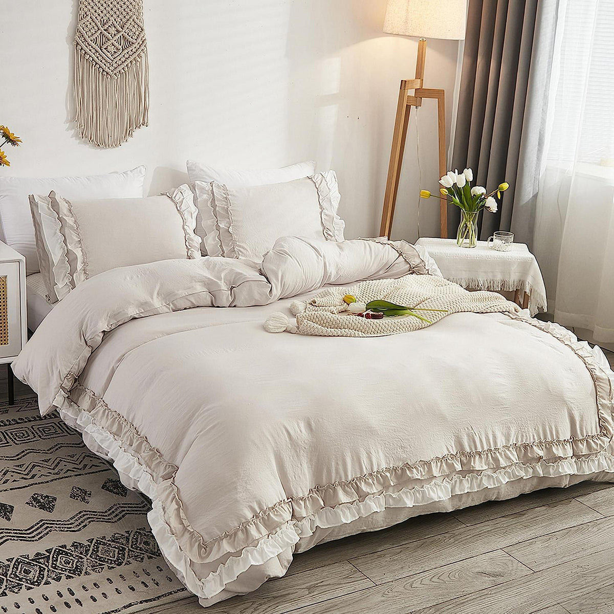 Luxus Rüschen Bettwäsche 220x240 - 3tlg. Weiß Beige Mikrofaser