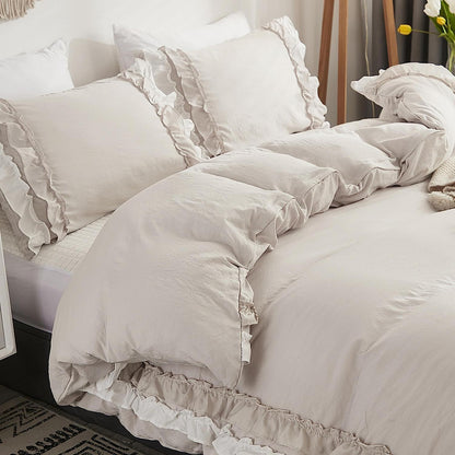 Luxus Rüschen Bettwäsche 220x240 - 3tlg. Weiß Beige Mikrofaser