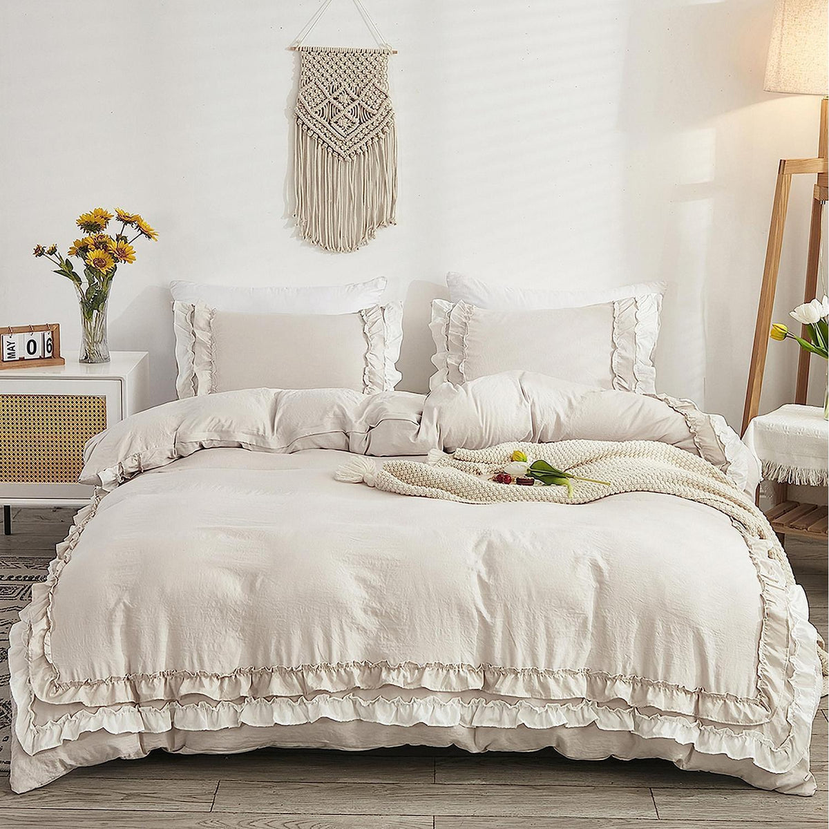 Romantische Rüschen Bettwäsche 135x200 Beige Mikrofaser Bettbezug Set