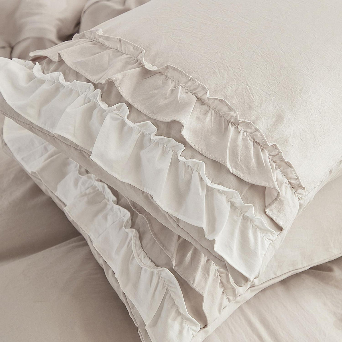 Romantische Rüschen Bettwäsche 135x200 Beige Mikrofaser Bettbezug Set