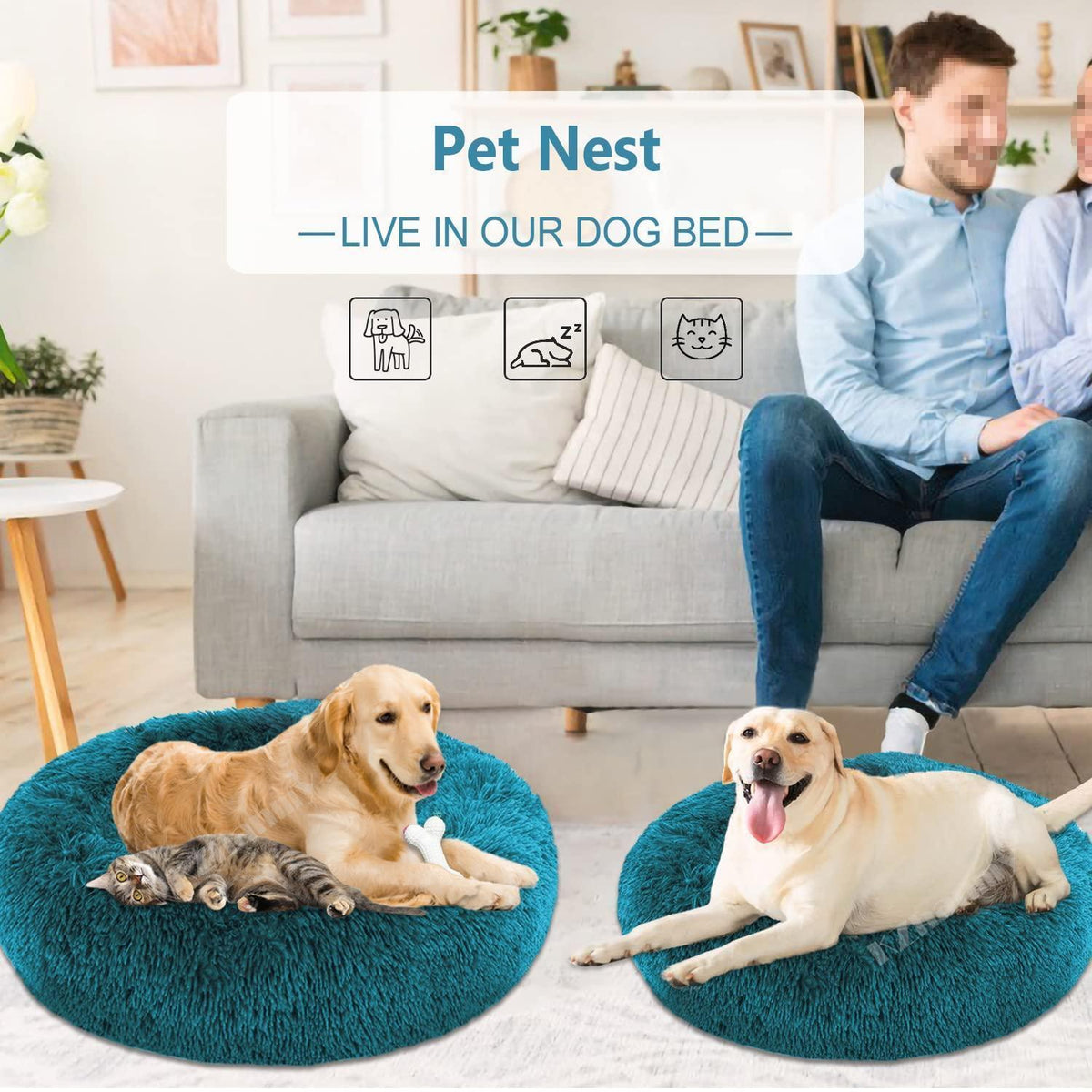 Rundes Hundebett Flauschig Donut – Bequemes Hundesofa 90cm/Cyan