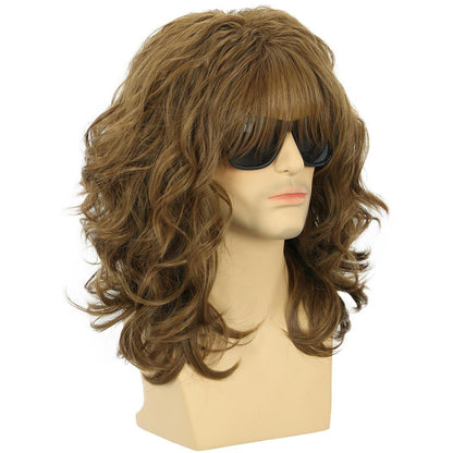 Braune Lockenperücke 70er 80er Rocker Stil