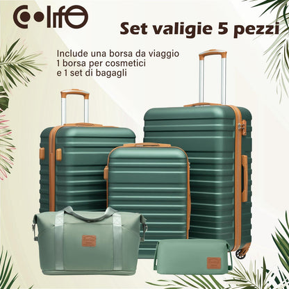 COOLIFE Hartschalen Koffer Set 5tlg Dunkelgrün/Braun ABS 4
