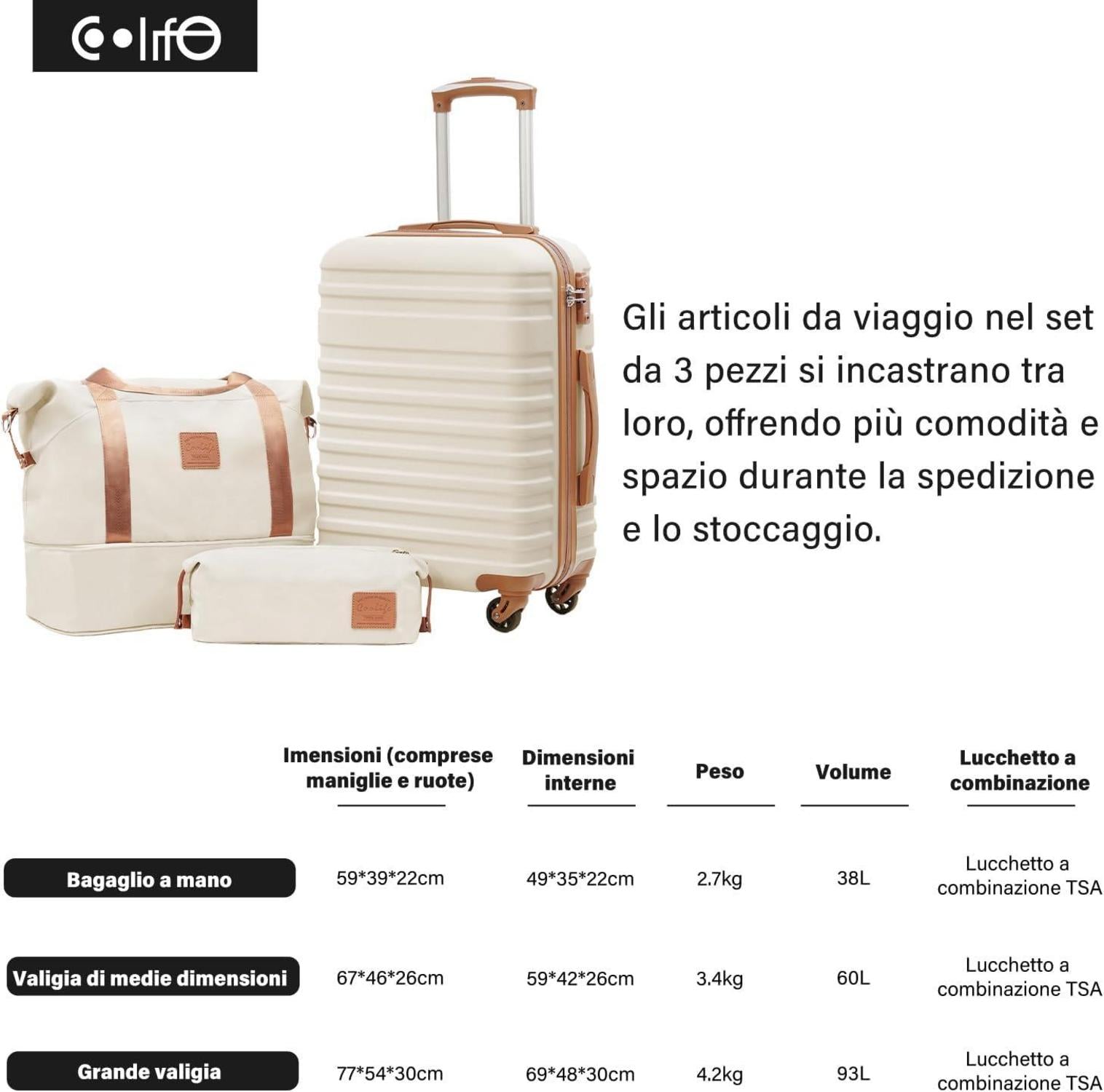 COOLIFE Hartschalen Trolley Koffer Set 3tlg ABS Handgepäck 4 Rollen