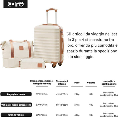 COOLIFE Hartschalen Trolley Koffer Set 3tlg ABS Handgepäck 4 Rollen