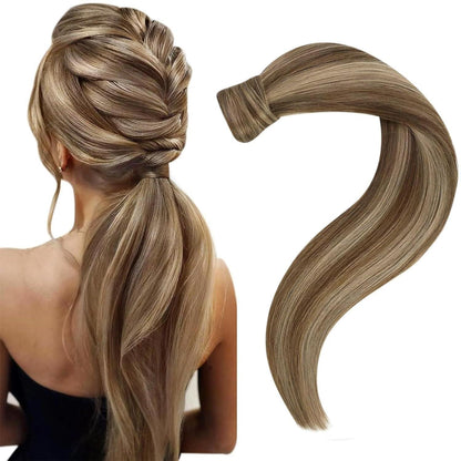 Echthaar Zopf Extension Dunkelbraun mit Blond Highlights 40cm