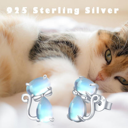 925 Sterling Silber Ohrringe mit Mondstein und Katzenmotiv