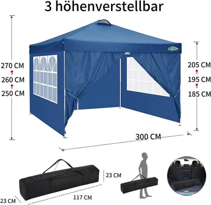 Pop-Up Pavillon 3x3m Blau UV 50+ Wasserdicht Stabil mit 4 Seitenteilen