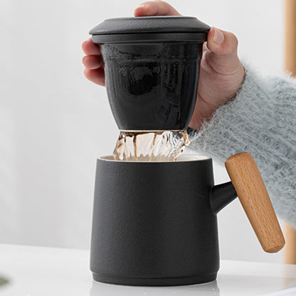 Porzellan Teetasse mit Deckel und Sieb 400ml Schwarz Weiß Henkel