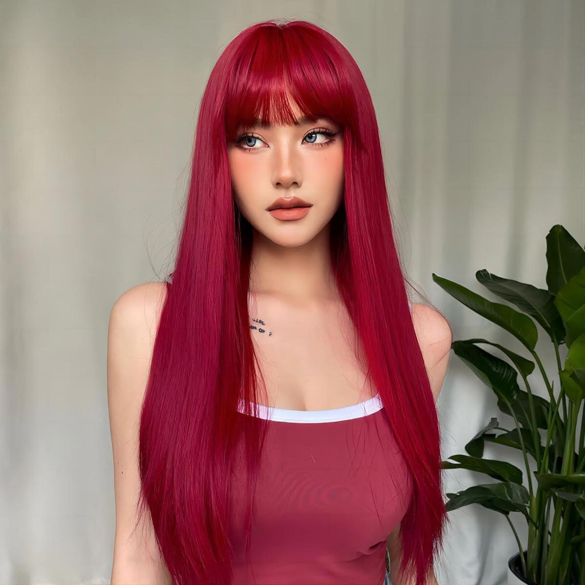 Rote lange gerade Cosplay Perücke mit Pony – 70cm