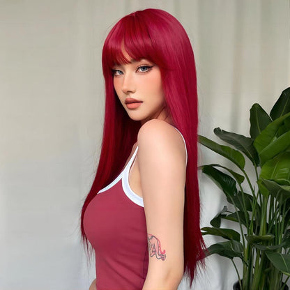 Rote lange gerade Cosplay Perücke mit Pony – 70cm