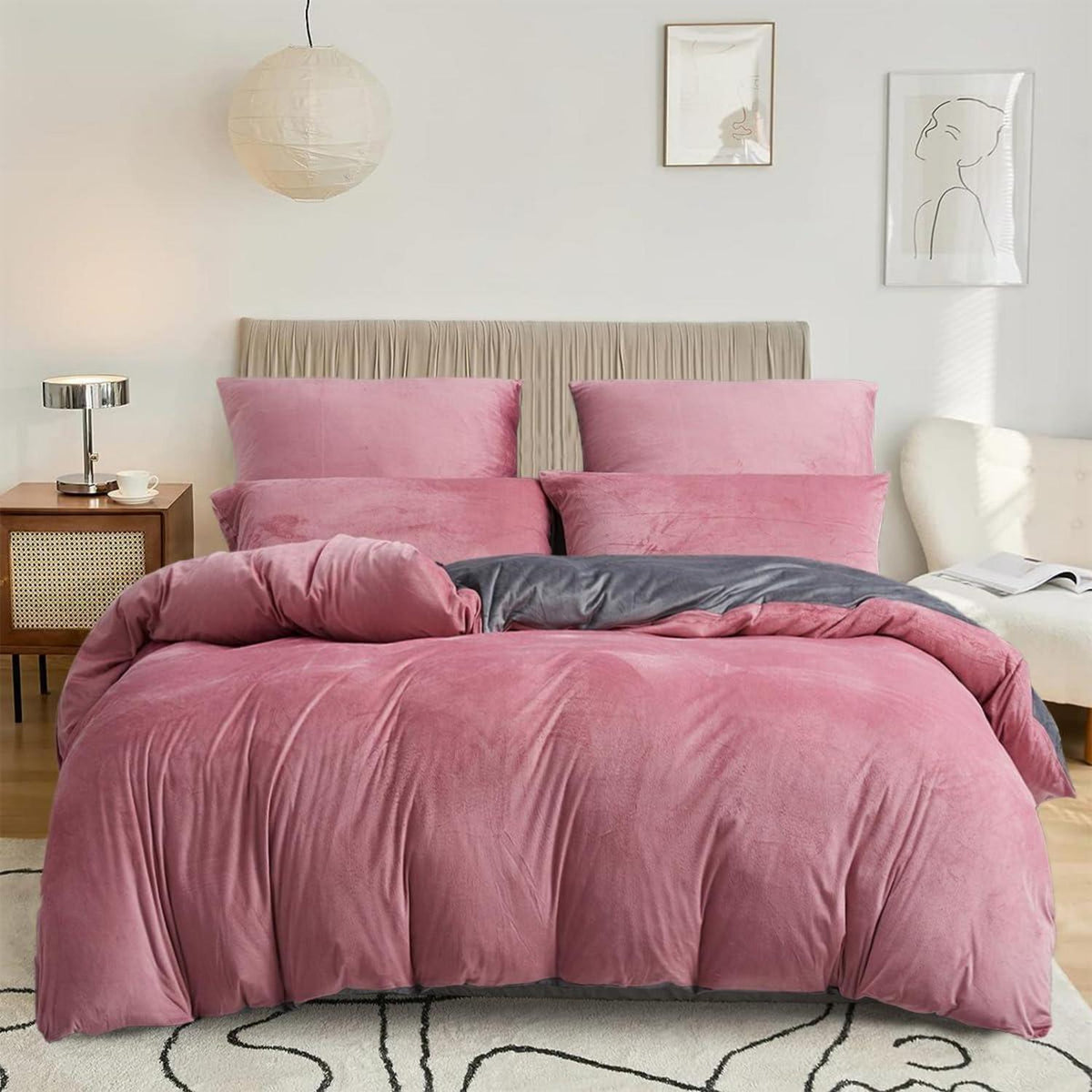 Flauschige Fleece Bettwäsche Set 135x200 Rosa Altrosa Grau