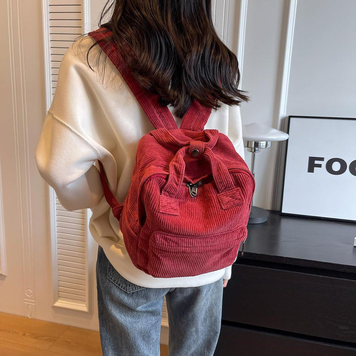 Cord Rucksack Damen Klein, Cityrucksack mit Fächern, Rot