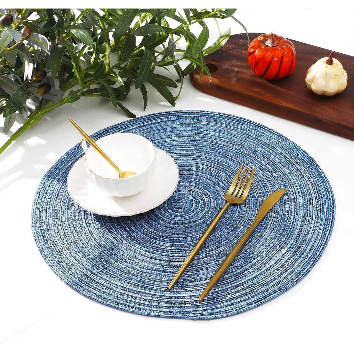 Runde Tischsets 6er Set Blau Geflochten Abwaschbar Hitzebeständig