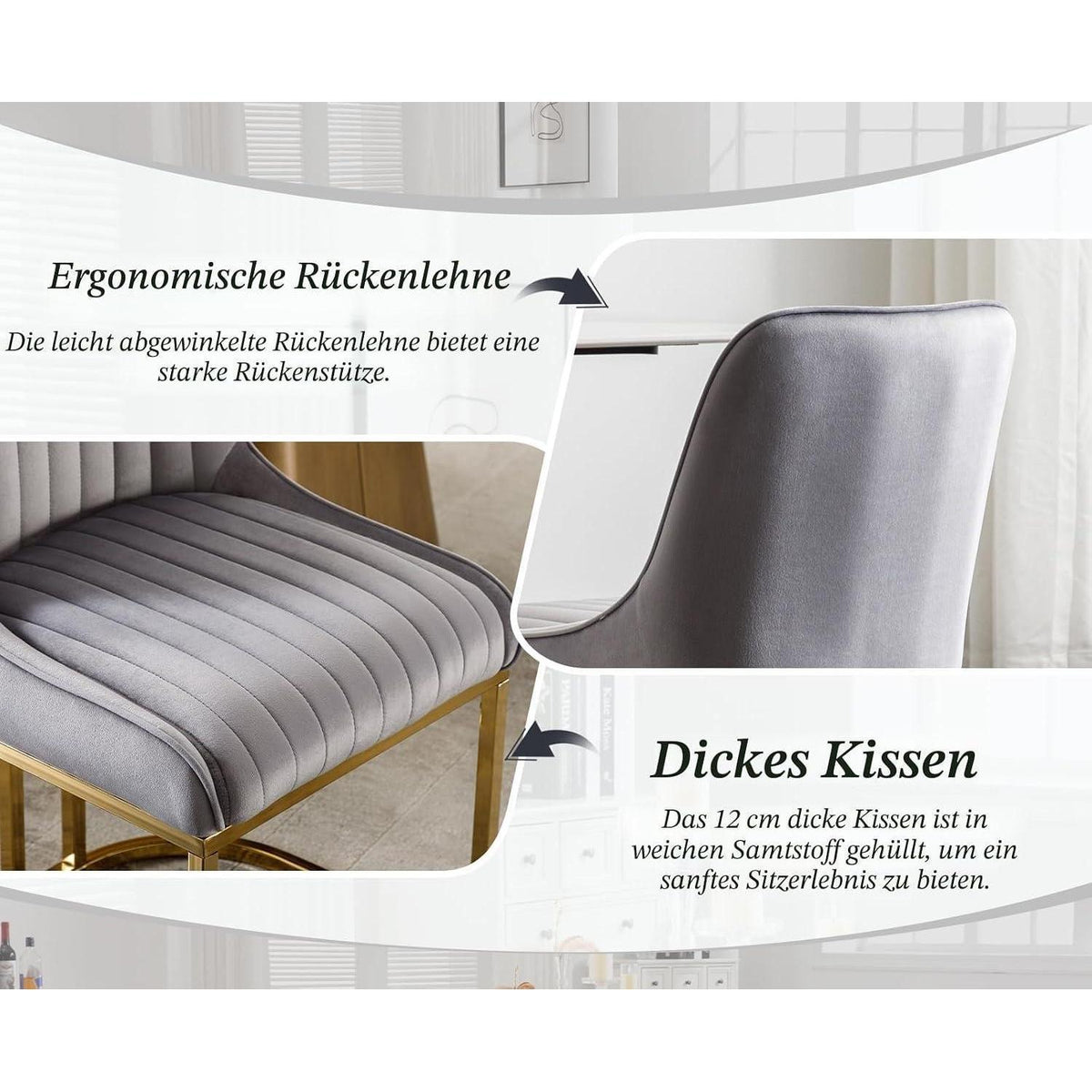 Samt Esszimmerstühle 4er Set mit goldenen Metallbeinen