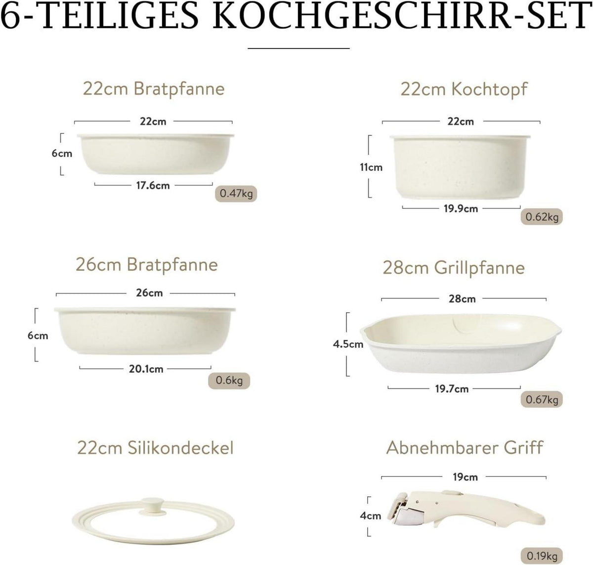6tlg Topfset Pfannenset abnehmbarer Griff Induktion antihaft