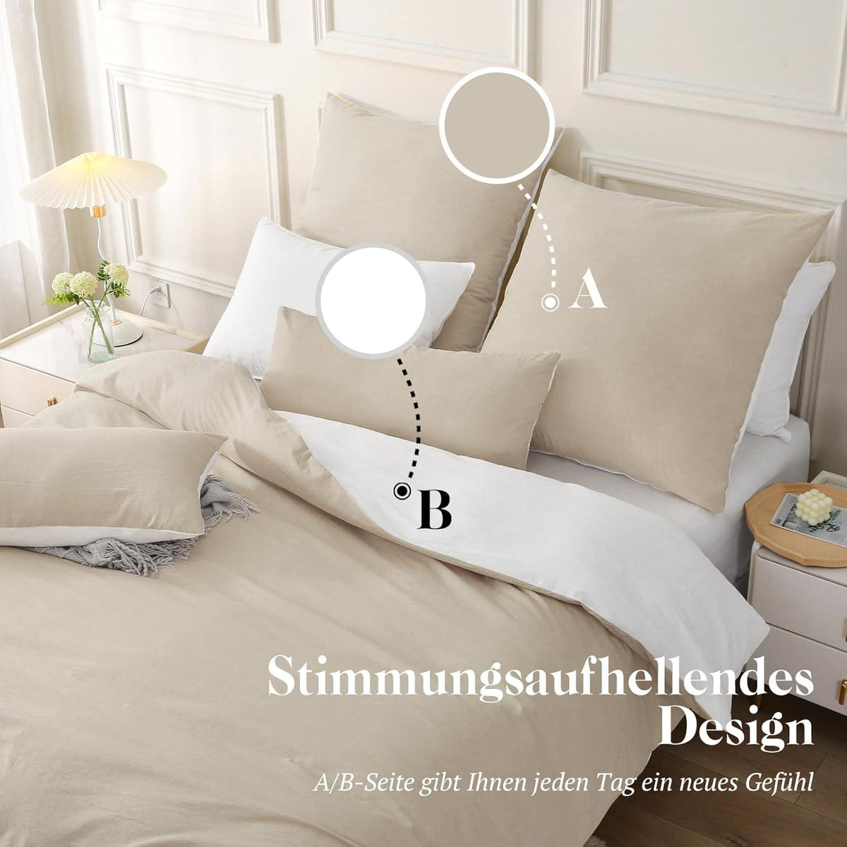 SOULFUL Bettwäsche Baumwolle 4tlg Kamel Beige Stone Washed