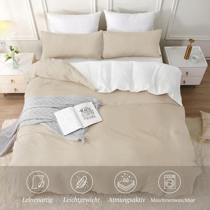 SOULFUL Bettwäsche Baumwolle 135x200 4tlg Kamel Beige Stone Washed Leinen-Look