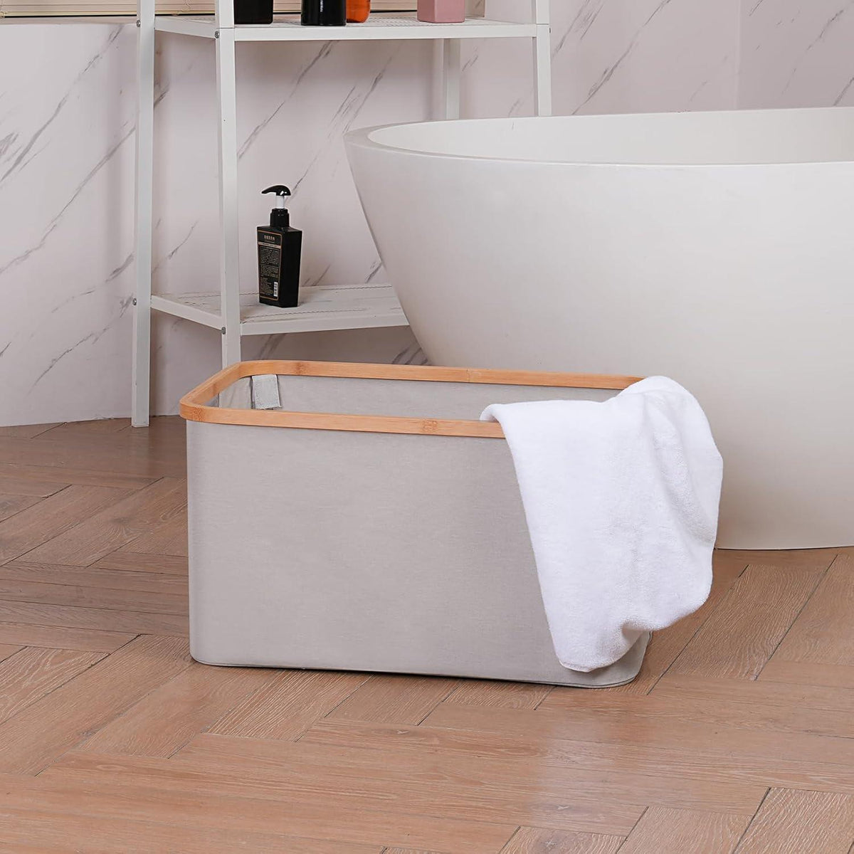 Faltbarer Wäschekorb 60L Bambus Stoff Hellgrau Organizer