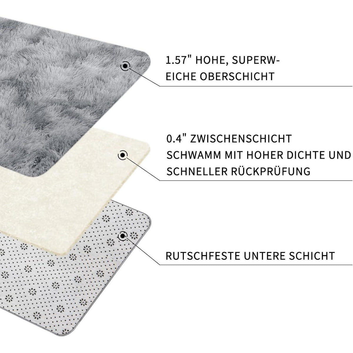 Hochflor Teppich Grau 160x230 – Waschbarer Shaggy Wohnzimmer Teppich