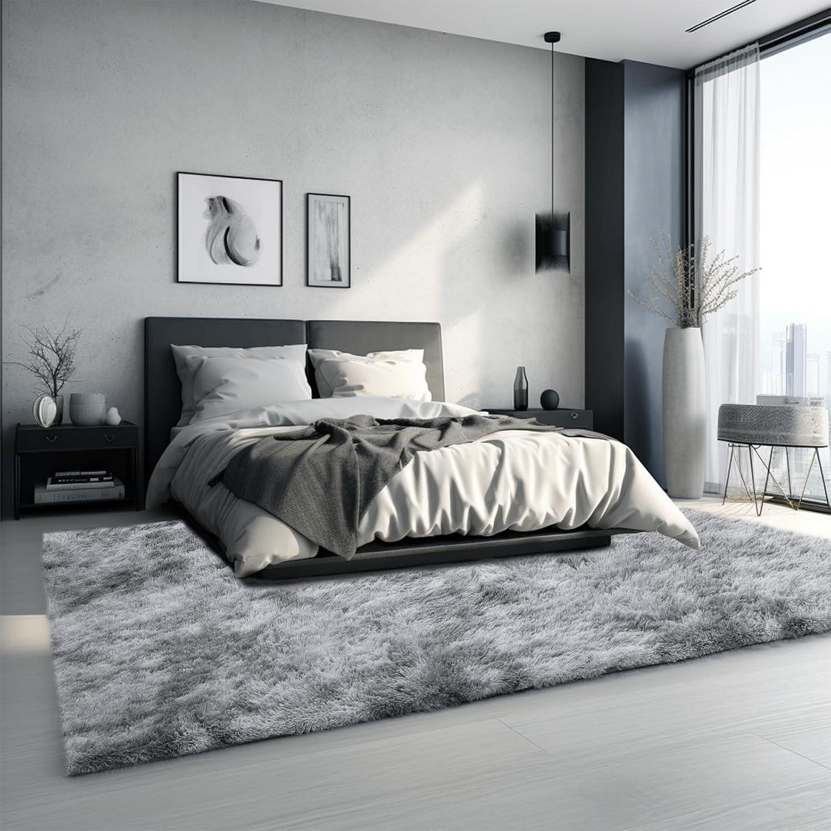 Hochflor Teppich Grau 160x230 – Waschbarer Shaggy Wohnzimmer Teppich