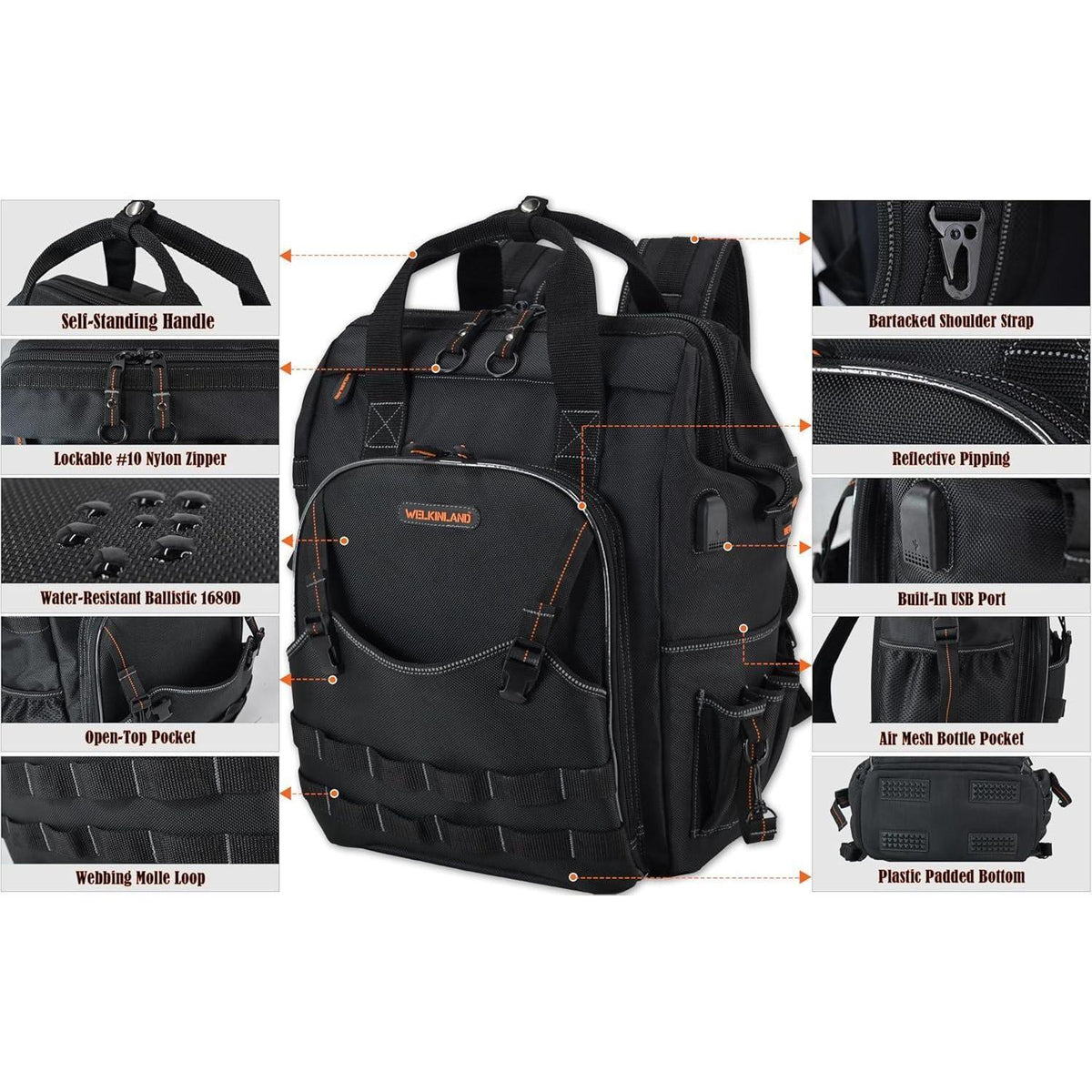 Werkzeugrucksack mit 55 Taschen, strapazierfähig und gepolstert