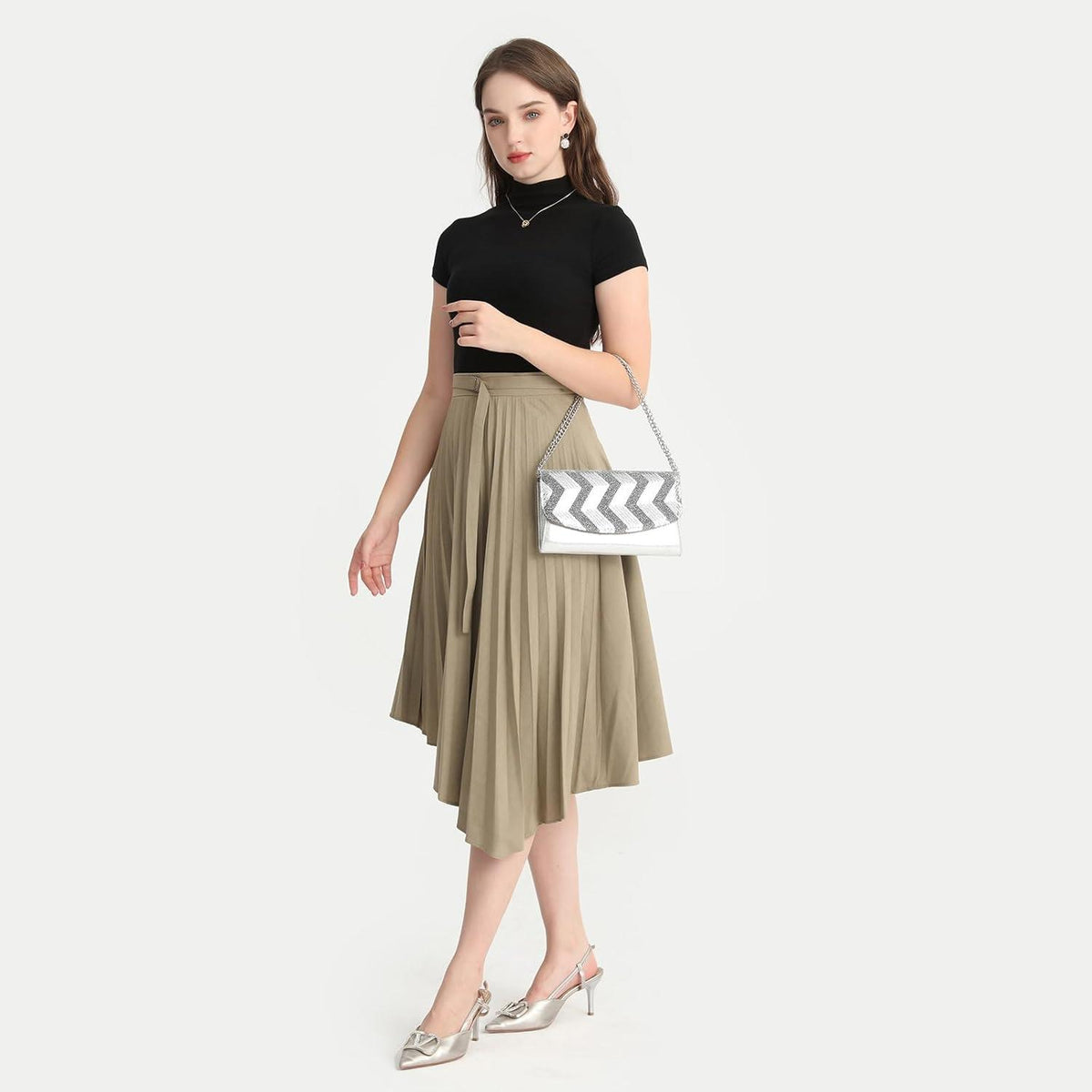 Damen Clutch Kettentasche Pailletten Party Schultertasche Schwarz