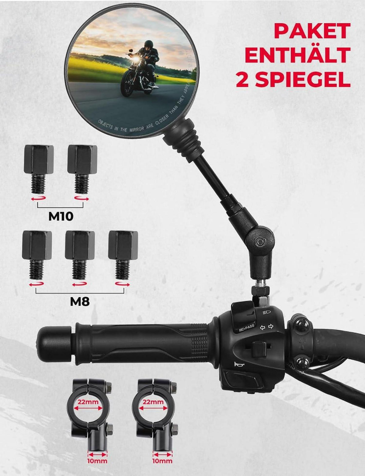 Motorradspiegel E-Geprüft Universal Rückspiegel Halterung 8mm 10mm