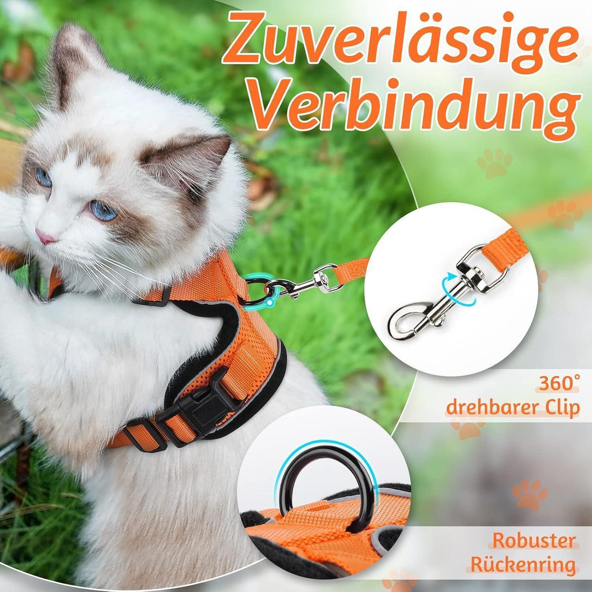 Katzengeschirr mit Leine, ausbruchsicher, orange, Größe M