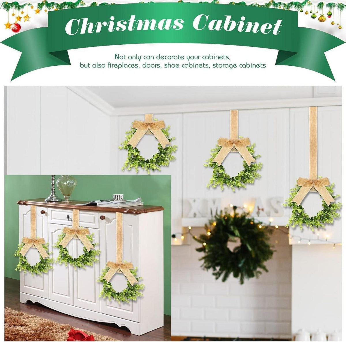Weihnachtliche Küchenschrankkränze: 4 Stück, 22cm, Künstlich, Grün, Band, Sackleinen