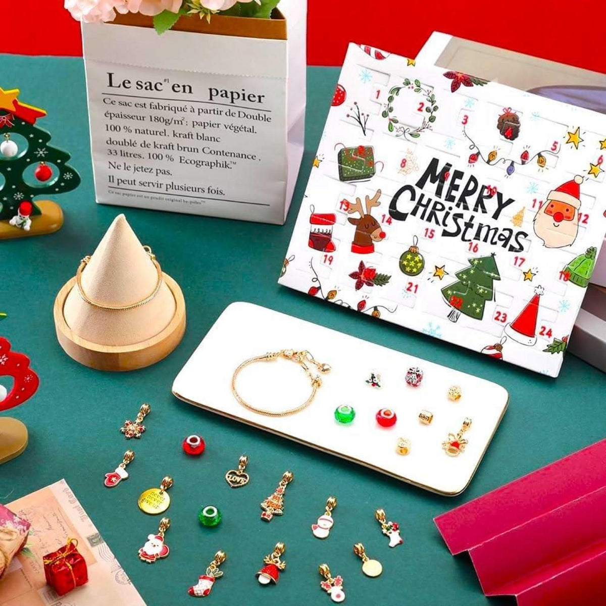 Adventskalender-Set 24 Tage Countdown Kalender mit Armbändern Anhängern