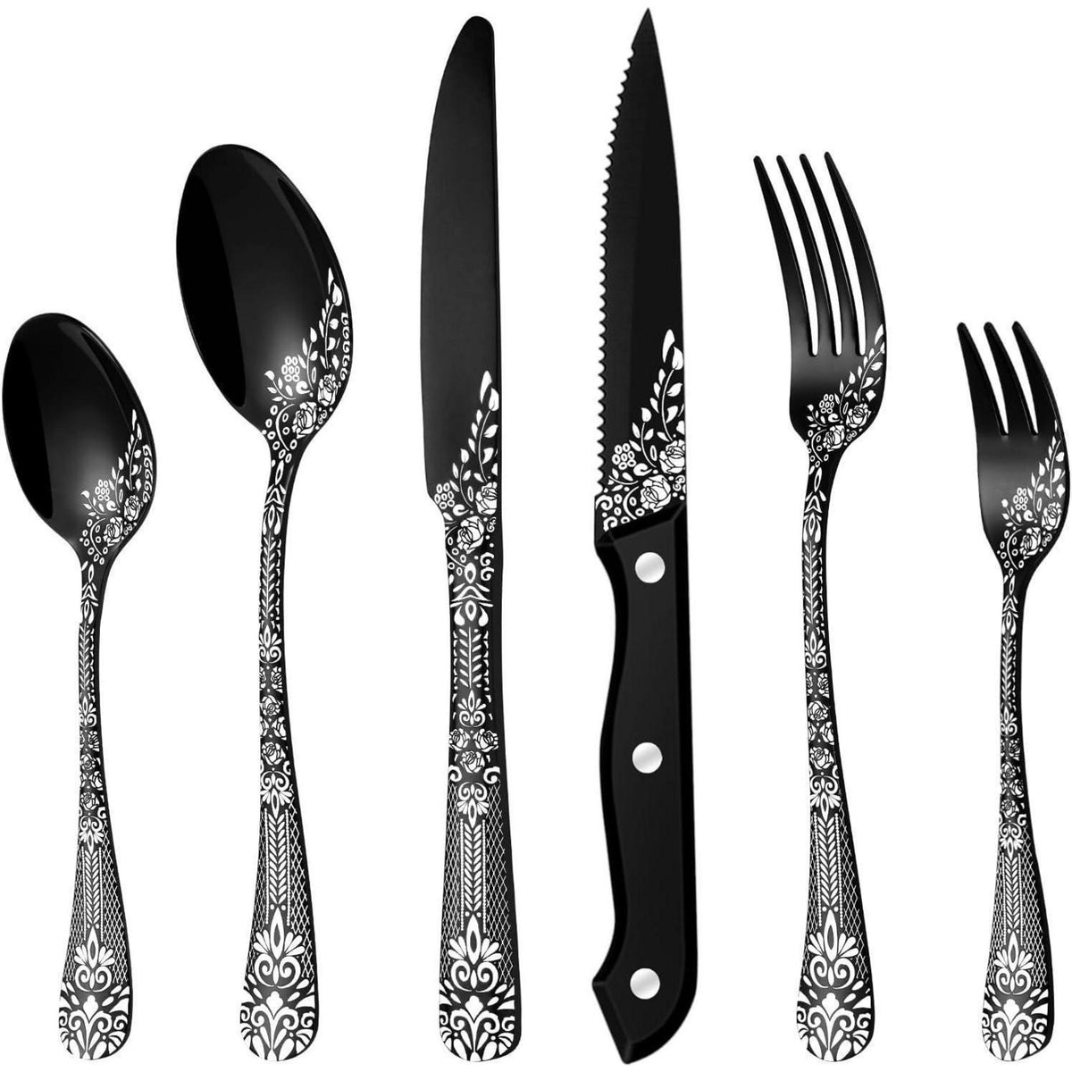 36-teiliges Besteckset Schwarz für 6 Personen mit Steakmessern