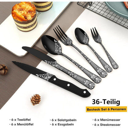 36-teiliges Besteckset Schwarz für 6 Personen mit Steakmessern
