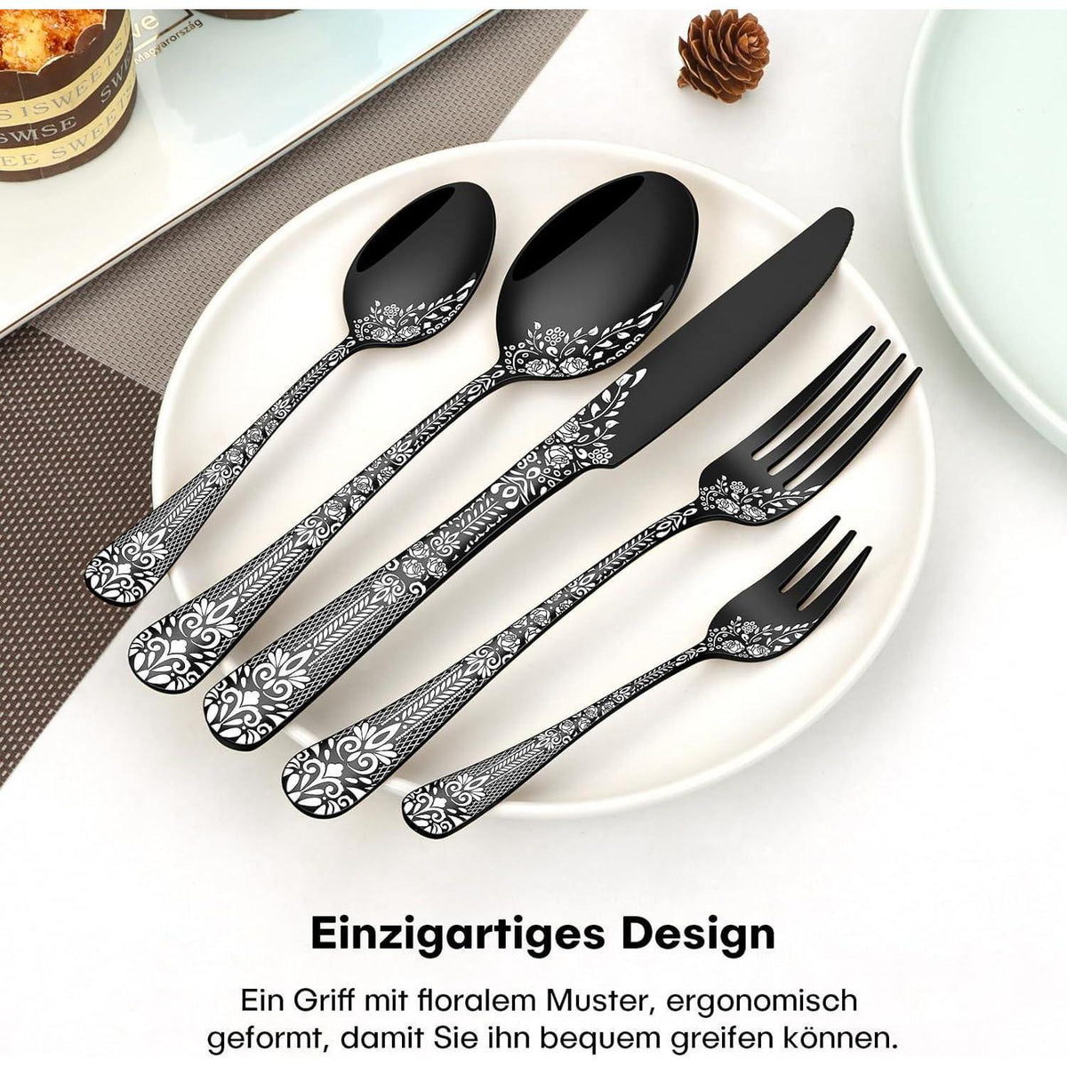 36-teiliges Besteckset Schwarz für 6 Personen mit Steakmessern
