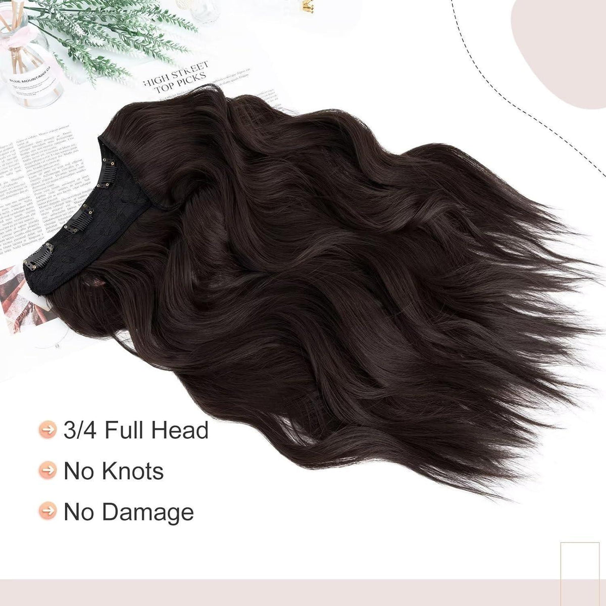 Gewellte Haarverlängerung Dunkelbraun, 45 cm Clip-In