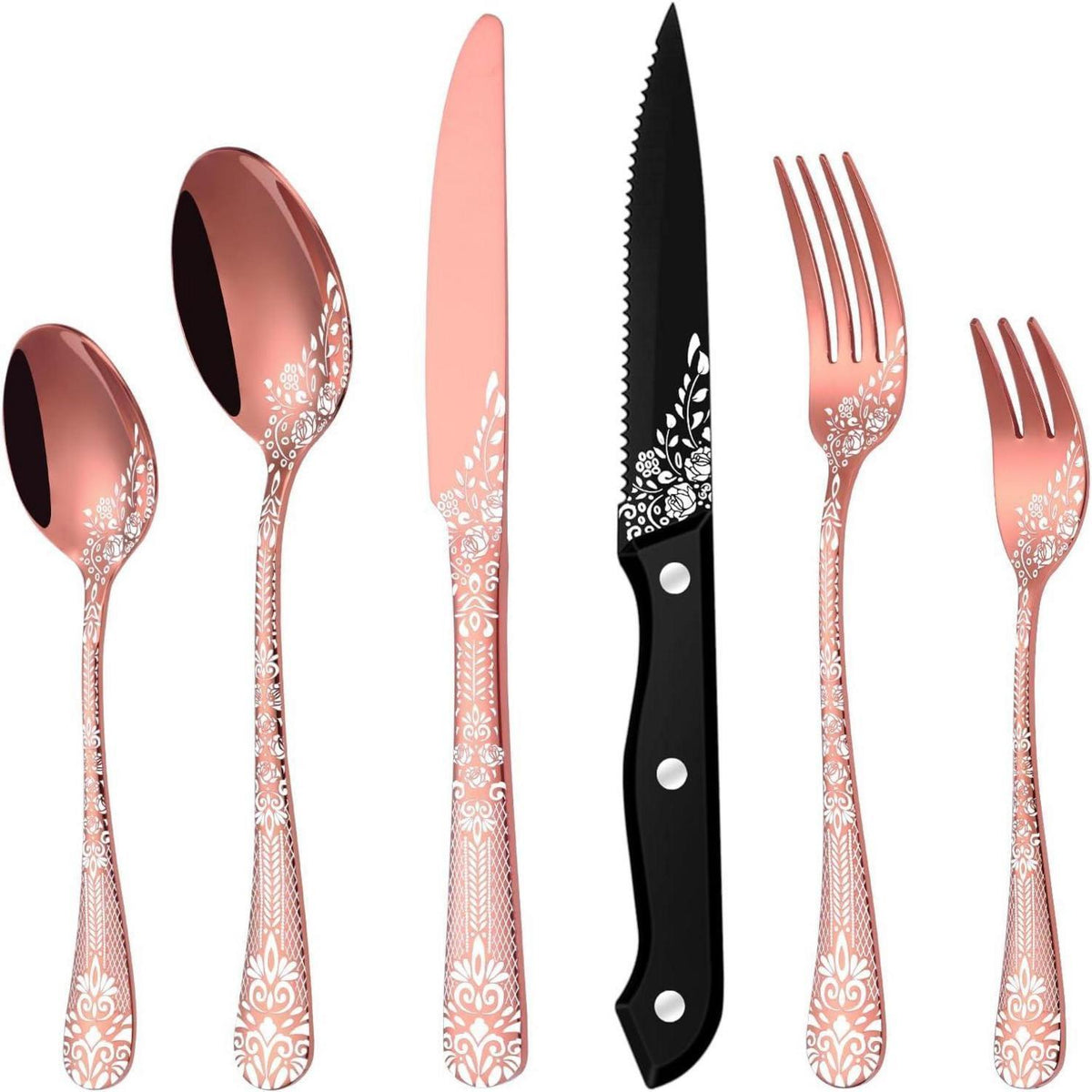 36-teiliges Besteckset Roségold für 6 Personen mit Steakmessern