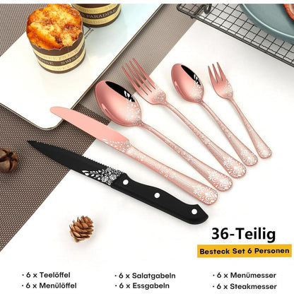 36-teiliges Besteckset Roségold für 6 Personen mit Steakmessern
