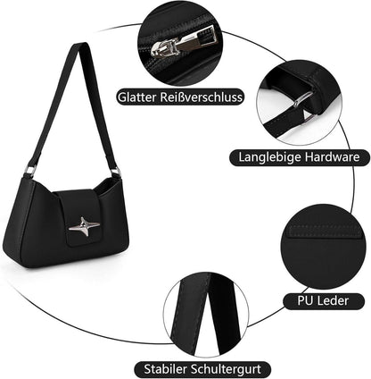 TIAASTAP Damen Handtasche Klein Leder Umhängetasche Vintage y2k Schultertasche Clutch A-schwarz