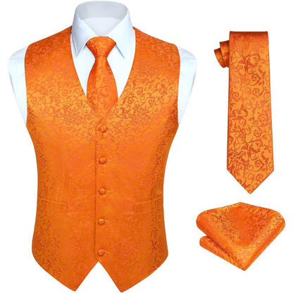 Herren Weste Krawatte Einstecktuch Set Jacquard Orange XL