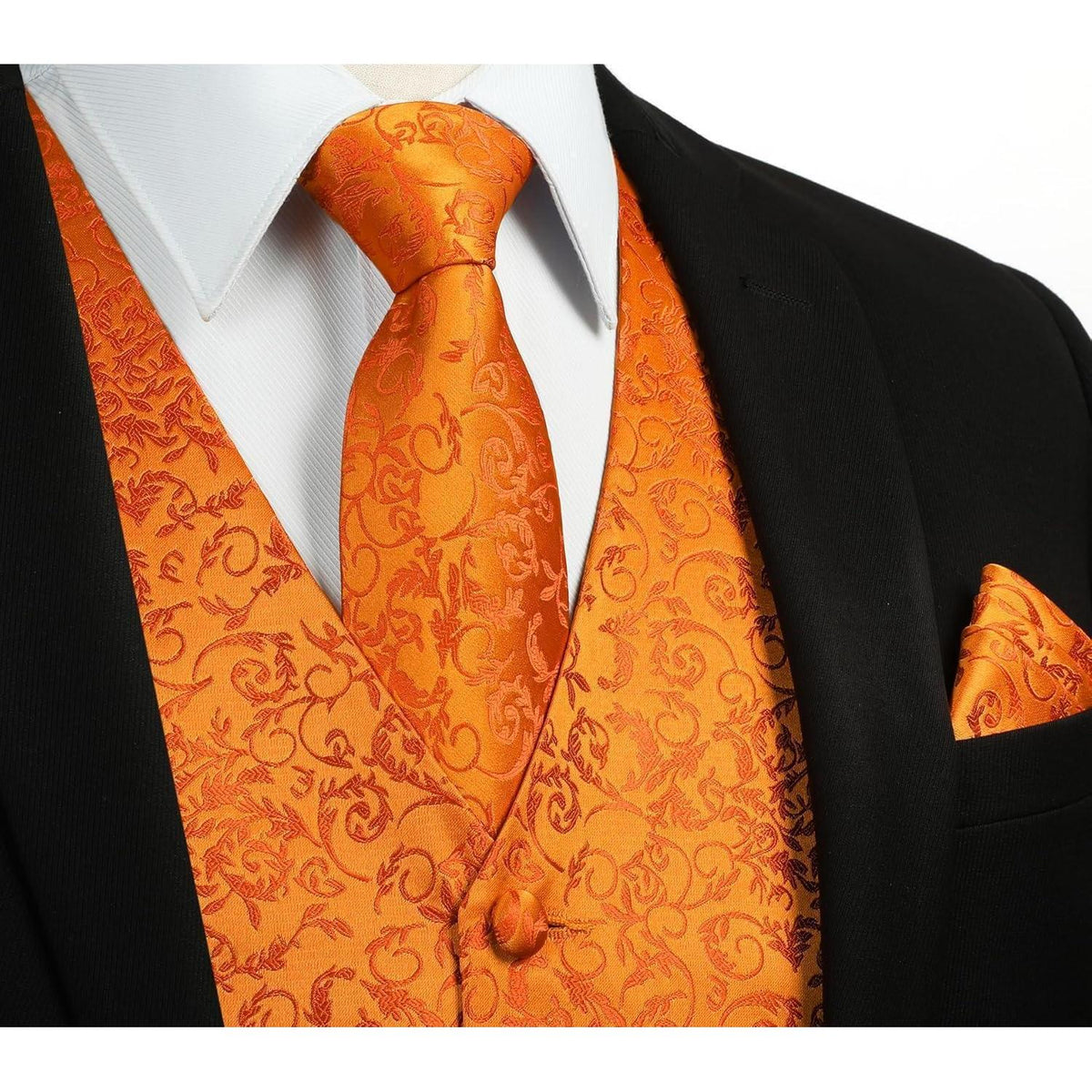 Herren Weste Krawatte Einstecktuch Set Jacquard Orange XL