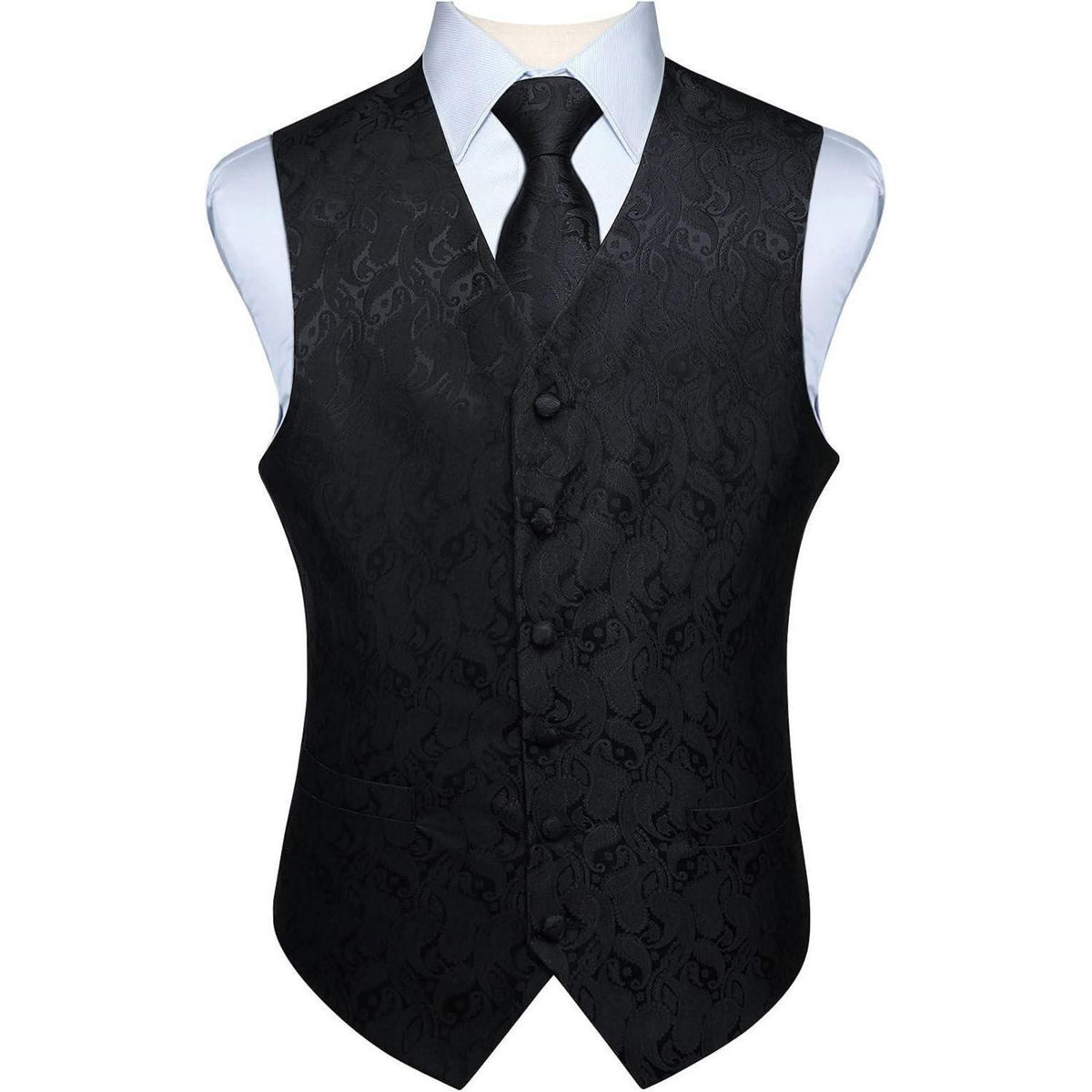 Herren Weste Krawatte Einstecktuch Set Jacquard Blumenmuster Schwarz XL