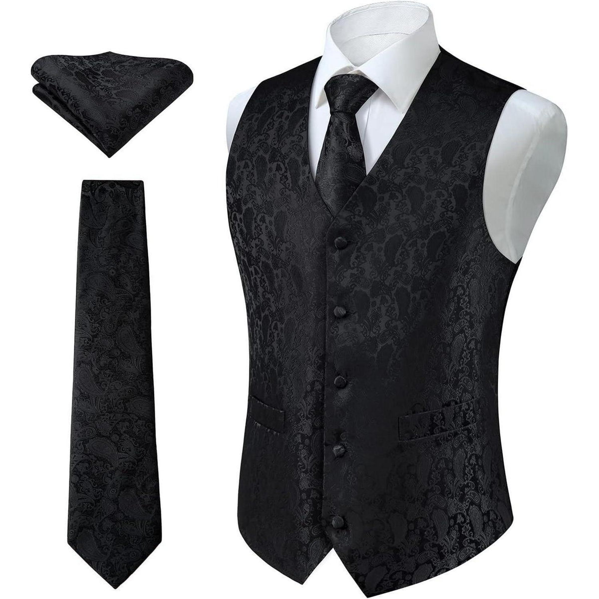 Herren Weste Krawatte Einstecktuch Set Jacquard Blumenmuster Schwarz XL